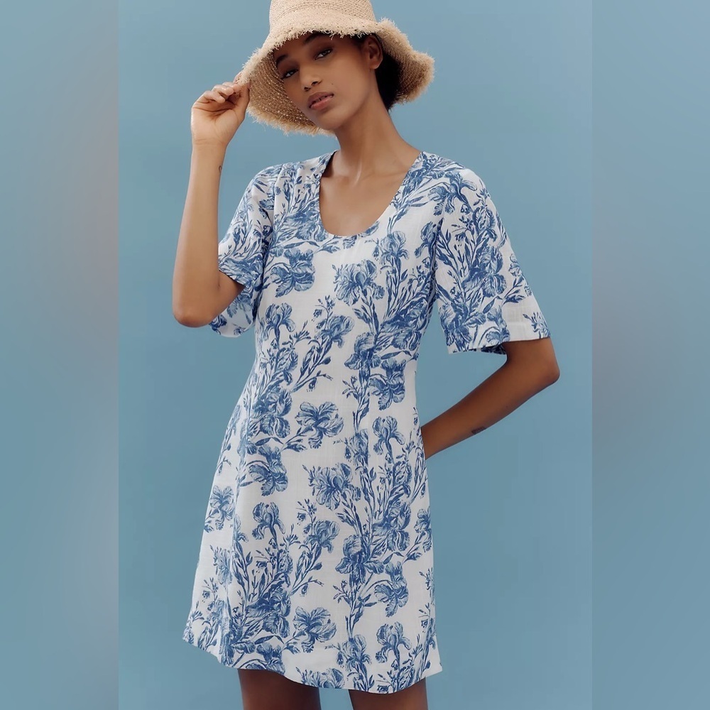 NWT! Anthropologie Porridge Short-Sleeve Crew-Neck Linen Printed Mini Dress🤎📢